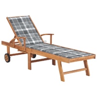 Sun Lounger with Grey Check Pattern Cushion Solid Teak Wood