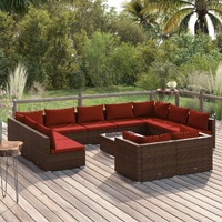 12 Piece Garden Lounge Set with Cushions Brown Poly Rattan