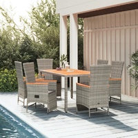 7 Piece Garden Dining Set with Cushions Grey Poly Rattan