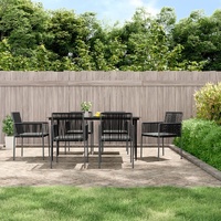 7 Piece Garden Dining Set with Cushions Black Poly Rattan and Steel