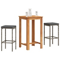 3 Piece Garden Bar Set Grey Solid Wood Acacia and Poly Rattan