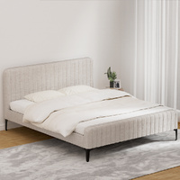 Bed Frame King Bed Base w Headboard Beige Fabric Wooden Slats Metal Legs