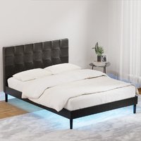 Bed Frame Double Bed Base w LED Lights Charge Ports Black Leather RAVI