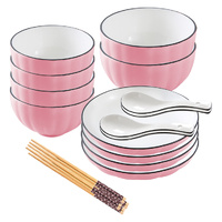 Pink Japanese Style Ceramic Dinnerware Crockery Soup Bowl Plate Server Kitchen Home Decor Set of 10