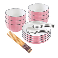 Pink Japanese Style Ceramic Dinnerware Crockery Soup Bowl Plate Server Kitchen Home Decor Set of 10