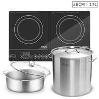 Dual Burners Cooktop Stove, 17L Stainless Steel Stockpot 28cm and 28cm Induction Casserole