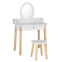 Kids Dressing Table Chair Set Wooden Leg Vanity Makeup Drawer Mirror