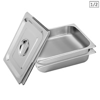 2X Gastronorm GN Pan Full Size 1/2 GN Pan 6.5cm Deep Stainless Steel Tray With Lid