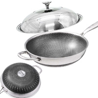 316 Stainless Steel Non-Stick Stir Fry Cooking Kitchen Wok Pan with Lid Honeycomb Double Sided