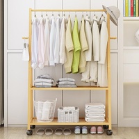 Rail Bamboo Clothes Rack Garment Hanging Stand Storage Shelves Closet