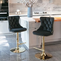 2x Height Adjustable Swivel Bar Stool Velvet Studs Barstool with Footrest and Golden Base