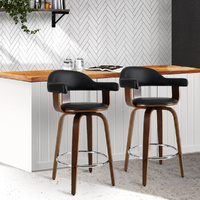 Set of 2 Bar Stools PU Leather Wooden Swivel - Wood, Chrome