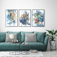 Watercolor Style Abstract Flower 3 Sets Black Frame Canvas Wall Art