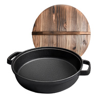 Round Cast Iron Pre-seasoned Deep Baking Pizza Frying Pan Skillet with Wooden Lid