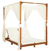 Double Sun Lounger with Curtains & Cushions Solid Acacia Wood