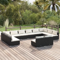 Garden Lounge Set with Cushions Black Poly Rattan