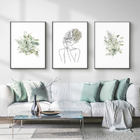 Botanical Line Girl 3 Sets Black Frame Canvas Wall Art