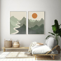 Sage Green River Mountain 2 Sets White Frame Canvas Wall Art