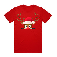 100% Cotton Christmas T-shirt Adult Unisex Tee Tops Funny Santa Party Custume, Reindeer Head (Red)