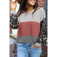 Azura Exchange Leopard Contrast Sleeve Colorblock Waffle Knit Top