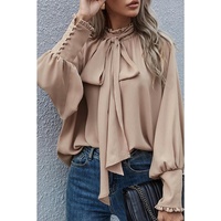 Azura Exchange Khaki Frilled Knotted Blouse with Bishop Sleeves