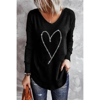 Azura Exchange Heart Shaped V Neck Long Sleeve Top with Rhinestone Embellishment