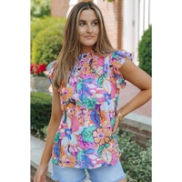 Azura Exchange Flutter Sleeves Smocked Neck Blouse with Floral Print