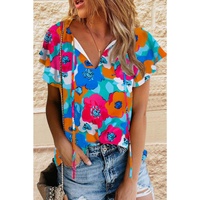 Azura Exchange Floral Print Drawstring V Neck Short Sleeve Blouse