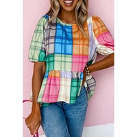 Azura Exchange Bold Plaid Color Block Puff Sleeve Peplum Top