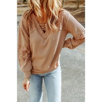 Azura Exchange Lace Waffle Patchwork Strappy V Neck Long Sleeve Top