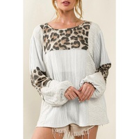 Azura Exchange Leopard Patch Puff Sleeve Textured Blouse