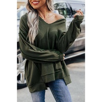 Azura Exchange Exquisite Green Long Sleeve Top with Split Neck and Exposed Seam Detail