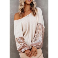 Azura Exchange Apricot Sequin Patchwork Sleeve Waffle Knit Top