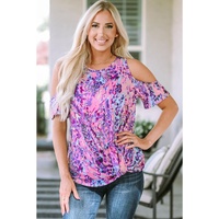 Azura Exchange Lavender Floral Print Cold Shoulder Blouse