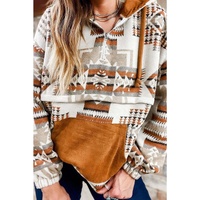 Azura Exchange Beige Aztec Print Half-Zip Hoodie with Kangaroo Pocket