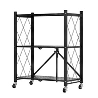 3 Tier Steel Black Foldable Kitchen Cart Multi-Functional Shelves Portable Storage Organizer with Wheels