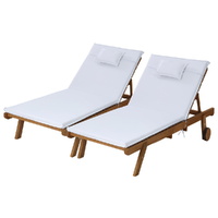 2x Sun Lounge Wooden Lounger Outdoor Furniture Day Bed Wheel Patio White