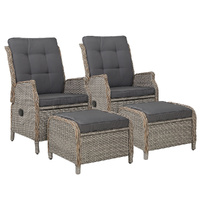 2PC Recliner Chair Sun lounge Wicker Lounger Outdoor Furniture Adjustable Grey