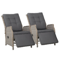 2PC Recliner Chairs Sun lounge Wicker Lounger Outdoor Furniture Adjustable Grey