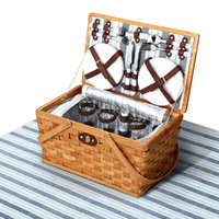 4 Person Picnic Basket Set Wooden Blanket Bag Insulated