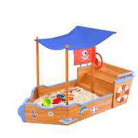 Kids Sandpit Wooden Boat Sand Pit with Canopy Bench Seat Beach Toys 165cm