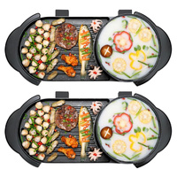 2X 2  in 1 Electric Non-Stick BBQ Teppanyaki Grill Plate Steamboat Hotpot 2-8 Person