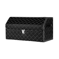 Leather Car Boot Collapsible Foldable Trunk Cargo Organizer Portable Storage Box Black/White Stitch with Lock Small