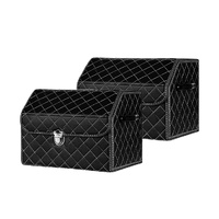 2X Leather Car Boot Collapsible Foldable Trunk Cargo Organizer Portable Storage Box Black/White Stitch with Lock Medium