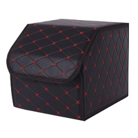 Leather Car Boot Collapsible Foldable Trunk Cargo Organizer Portable Storage Box Black/Red Stitch Small