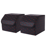 2X Leather Car Boot Collapsible Foldable Trunk Cargo Organizer Portable Storage Box Black/Red Stitch Small