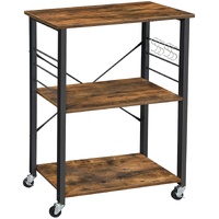 Kitchen Baker's Rack,  3-Tier Serving Cart with Metal Frame and 6 Hooks, Rustic Brown