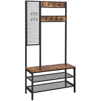 Coat Rack Stand Industrial Style with Grid Wall and Shoe storage 185 cm Tall Rustic Brown