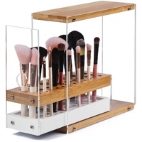 31 Holes Acrylic Bamboo Brush Holder Organiser Beauty Cosmetic Display Stand with Leather Drawer White (22.3 x 8.6 x 21.5 cm)