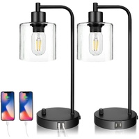 2x Pack Industrial Table Lamp with 2 USB Port for Bedside Nightstand Desk and Living Room Office (Bulb not Included)